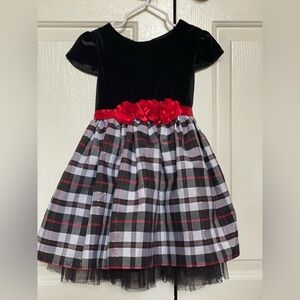 Black and Plaid Holiday girl Dress with Red Floral Accent 4T